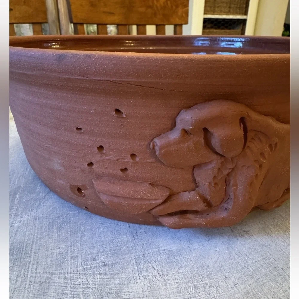 Signed Hand Thrown Studio Art Pottery Terracotta Dog Food Bowl Dish Glaze XL